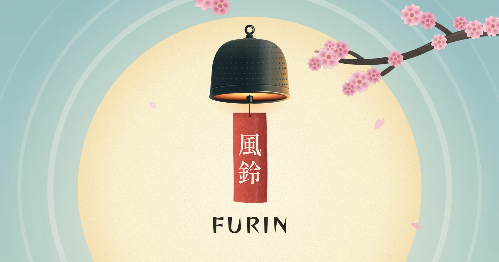 Furin key art: a dark iron wind bell hangs in front of a pale spring sun, with a sakura branch in the corner. Its red paper strip carries the kanji 風鈴, and the name FURIN is lettered underneath.