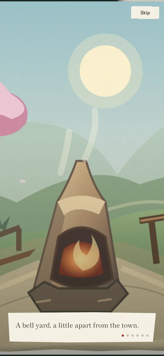 A story panel over the spring yard: the sun and the furnace, and a paper card reading A bell yard, a little apart from the town.