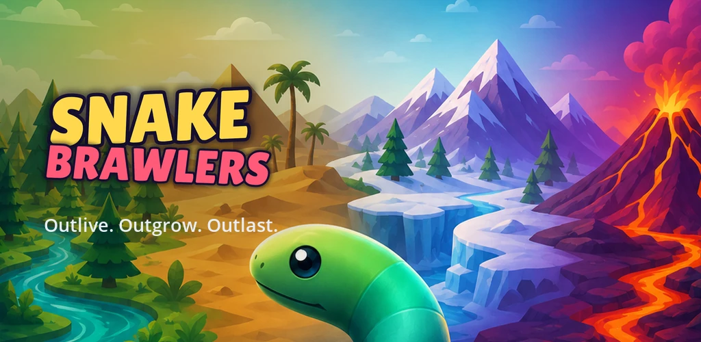 Snake Brawlers cover art: a green cartoon snake in the foreground of a landscape that runs from a river valley and desert through snowy mountains to a volcano, beside the game’s name in yellow and pink lettering and the line Outlive. Outgrow. Outlast.