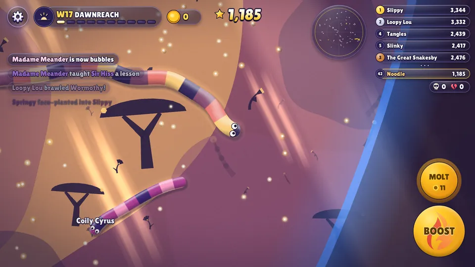Gameplay in Dawnreach: a striped yellow, pink and violet snake glides over a violet and amber ground under long shafts of light, with a cheeky kill feed on the left.