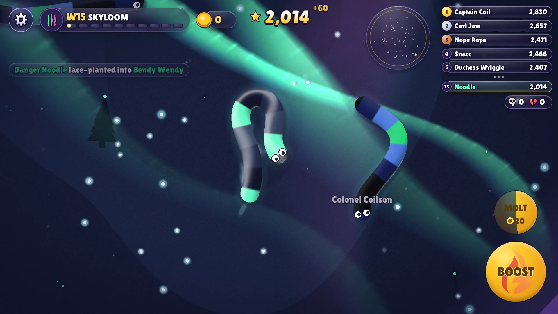 Gameplay in Skyloom: a teal and grey snake curls under green aurora curtains on a dark ground while a blue rival cuts past, with the leaderboard, radar, MOLT and BOOST buttons around the edges.