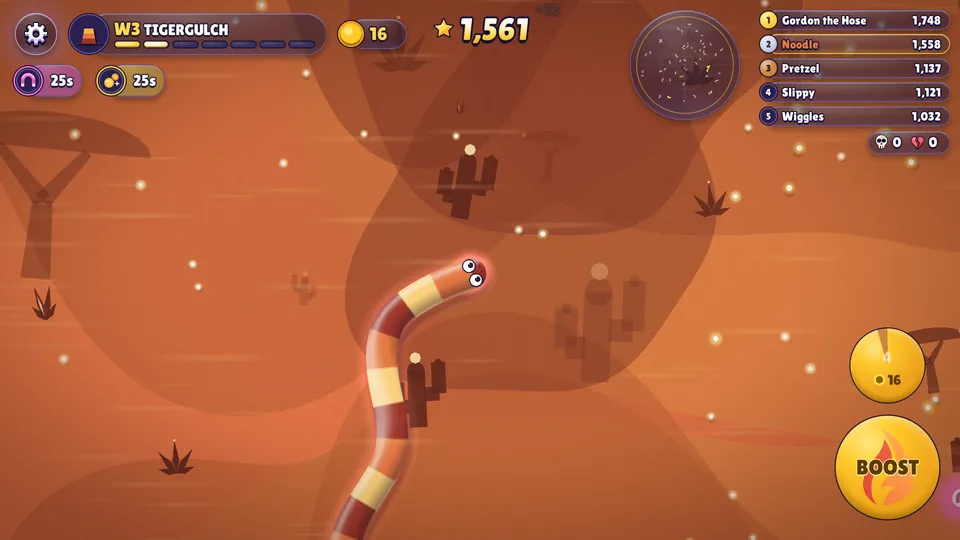 Gameplay in Tigergulch: a snake with a red glow runs over red desert ground with cactus and acacia silhouettes, with two power-up timers in the top left corner.