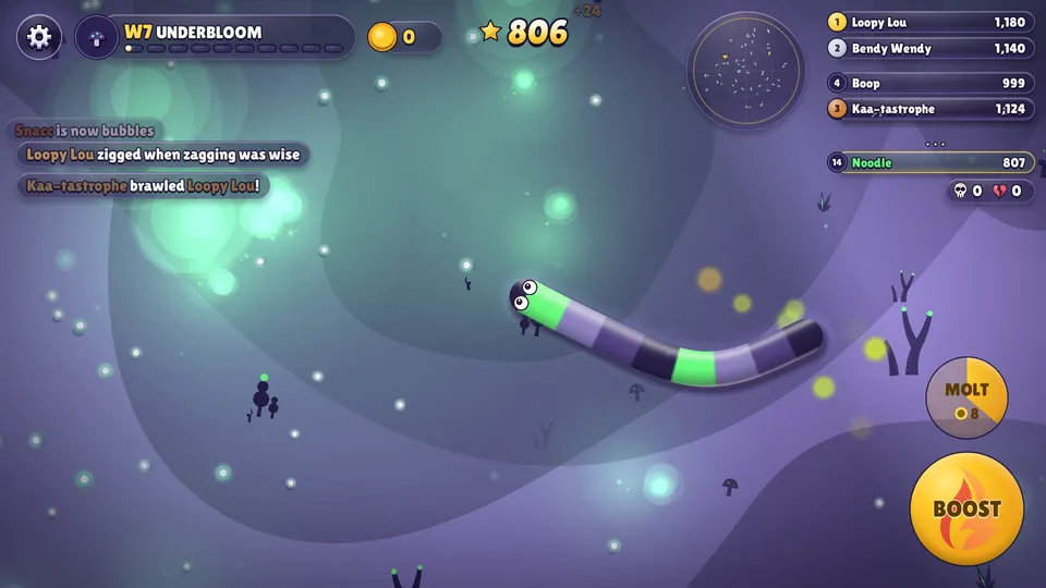 Gameplay in Underbloom: a green and violet snake crosses a mauve ground lit by soft green foxfire blooms and drifting spores.